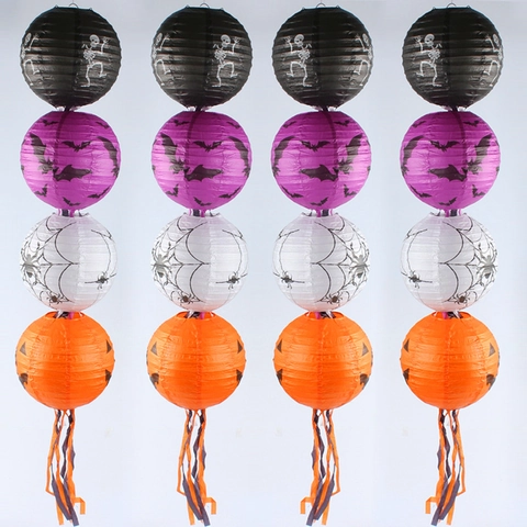 Halloween Paper Lanterns Foldable Hanging Decorations Pumpkin Bat Spider Pattern Round Decor For Bar Home Party