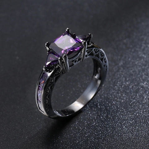 Vintage Square Purple Zircon Ring For Women Copper Black Gold Plated Hollow Carved Gothic Luxury Jewelry Finger Band