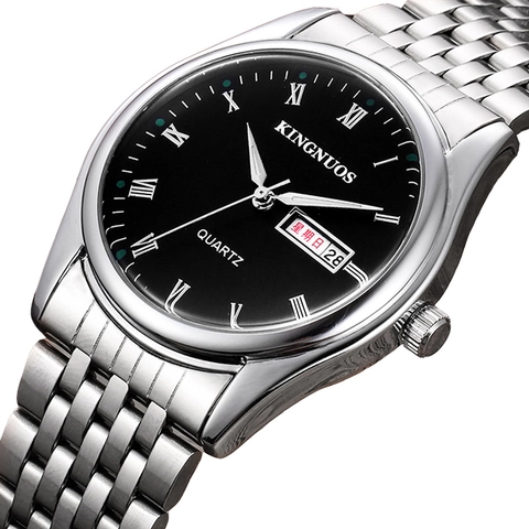 Montre Quartz Acier Inoxydable Étanche Lumineuse Double Calendrier Chiffres Romains Business Casual Homme Femme