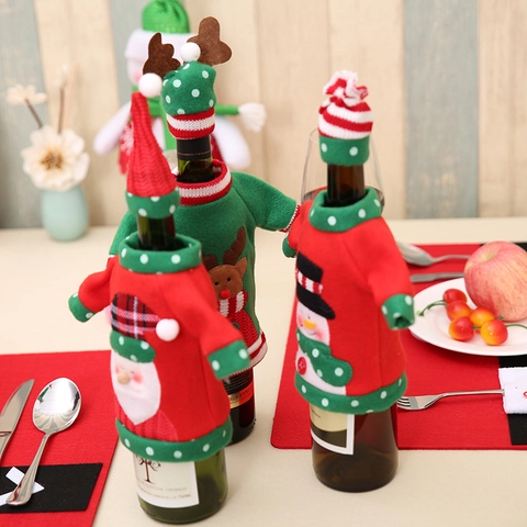 Kerst Wijnhoes Geborduurde Gebreide Trui Fles Zak Met Hoed Kerstman Rendier Sneeuwpop Xmas Feest Tafel Decoratie