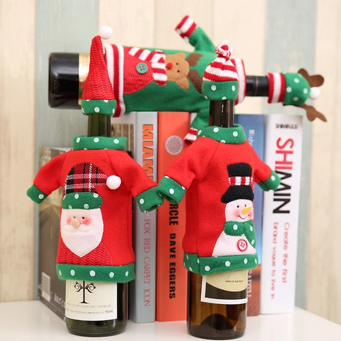 Kerst Wijnhoes Geborduurde Gebreide Trui Fles Zak Met Hoed Kerstman Rendier Sneeuwpop Xmas Feest Tafel Decoratie