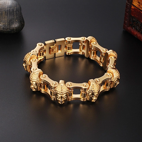 Heren Armband 316L Roestvrij Staal Verguld Boeddha Hoofd Fietsketting Punk Gothic Religieuze Sieraden