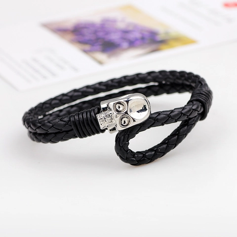 Punk Skull Braided Leather Bracelet For Men With Alloy Buckle Gothic Rock Style Trendy Hand Jewelry