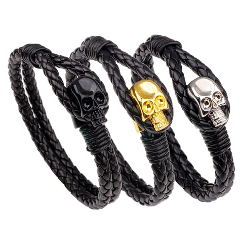 Punk Skull Braided Leather Bracelet For Men With Alloy Buckle Gothic Rock Style Trendy Hand Jewelry