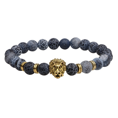 Men Beaded Bracelet With Lion Head Lava Stone Tiger Eye And Agate Natural Rock Jewelry Elastic Individual Style