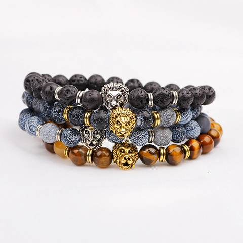 Men Beaded Bracelet With Lion Head Lava Stone Tiger Eye And Agate Natural Rock Jewelry Elastic Individual Style