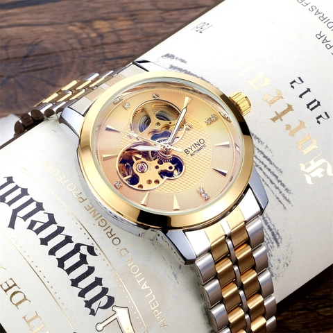 Men Automatic Mechanical Watch Skeleton Hollow Dial Waterproof Luminous Rhinestone Luxury Business Fashion Wristwatch