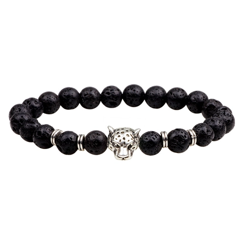 Leopard Head Beaded Bracelet Tiger Eye Stone Lava Rock Snakeskin Agate Alloy Animal Charm Unisex Fashion Jewelry