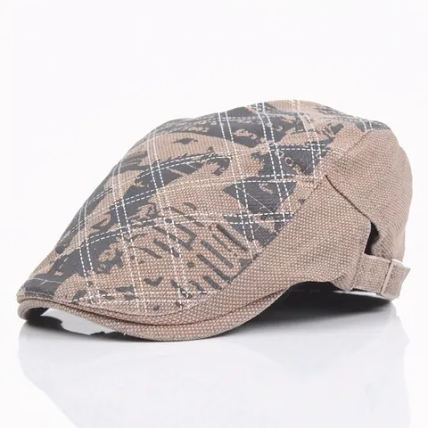 Vintage Cotton Flat Cap For Men Graffiti Print Checkered Beret Hat With Adjustable Metal Buckle British Style Ivy Cap