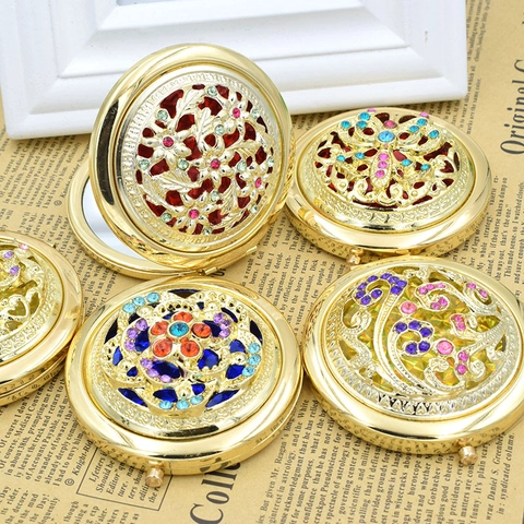 Vintage Metal Hollow Compact Mirror With Rhinestone Flower Peacock Dragonfly Pattern Foldable Double Sided Makeup Mirror
