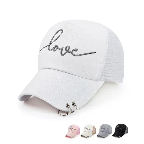 Cappellino Da Baseball In Rete Lucida Da Donna Ricamo Love Traspirante Trucker Hat Anelli In Metallo Regolabile Streetwear