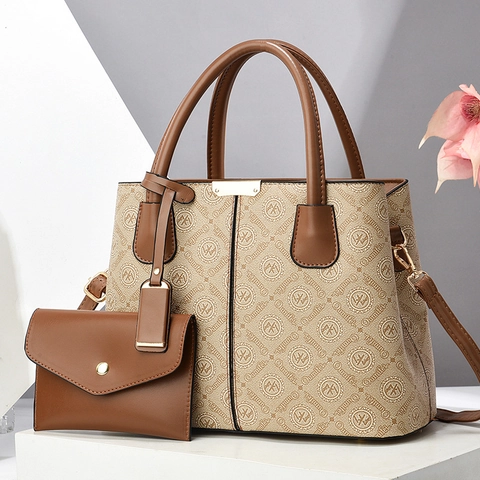 Handbag And Pouch Women PU Leather Monogram Print Large Capacity Trendy Shoulder Tote Retro Fashionable