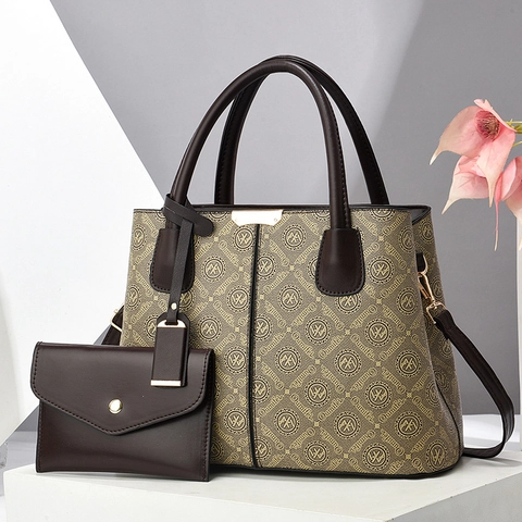 Handbag And Pouch Women PU Leather Monogram Print Large Capacity Trendy Shoulder Tote Retro Fashionable