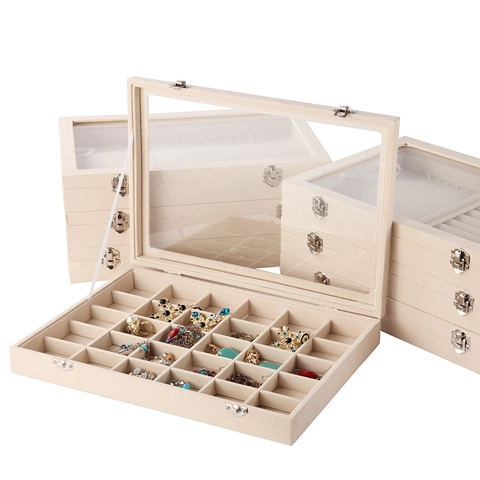 Samt Schmuckschatulle Organizer Mit Transparentem Glasdeckel Für Ringe Halsketten Ohrringe Aufbewahrung Beige