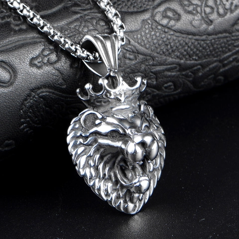 Collana con Pendente a Testa di Leone Punk da Uomo in Acciaio al Titanio con Corona Vintage Dominante Gioielli in Acciaio Inossidabile per Uomo Regalo
