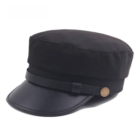Vintage Cotton Spliced Faux Leather Cadet Cap For Men Women Casual Military Style Flat Top Naval Hat With Metal Button Sun Protection Outdoor Fashion Hat