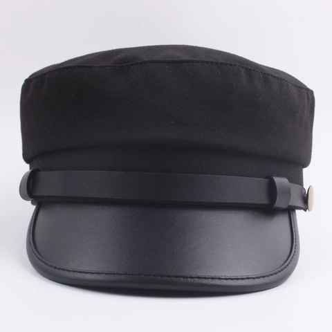 Vintage Cotton Spliced Faux Leather Cadet Cap For Men Women Casual Military Style Flat Top Naval Hat With Metal Button Sun Protection Outdoor Fashion Hat