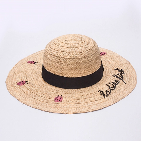 Raffia Straw Sun Hat Women Wide Brim Ladies First Embroidery Pink Ladybug Detail Breathable Summer Beach Vacation