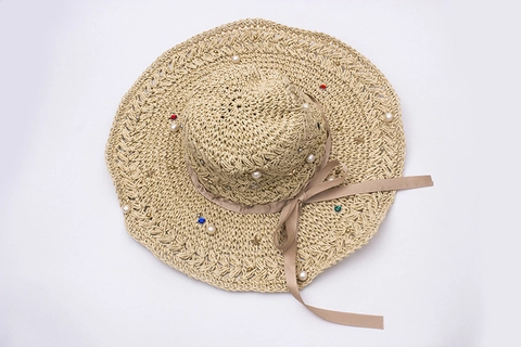 Sombrero Sol Paja Mujer Crochet Papel Ala Ancha Ondulada Con Perla Artificial Strass Lazo Cinta Para Vacaciones Playa Verano