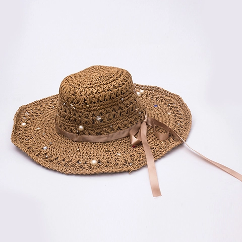 Sombrero Sol Paja Mujer Crochet Papel Ala Ancha Ondulada Con Perla Artificial Strass Lazo Cinta Para Vacaciones Playa Verano