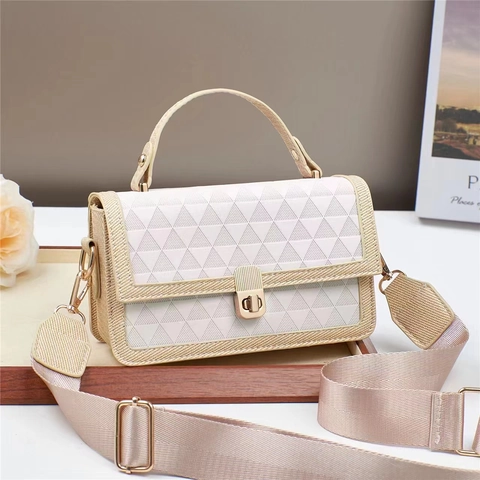 Bolso De Hombro Para Mujer Cuero PU Relieve Triangular Bolso Cruzado Mano Correa Ancha Color Contrastado Elegante