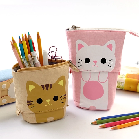 Retractable Pencil Case Canvas Telescopic Standing Pen Holder Large Capacity Cute Cartoon Animal Student Stationery Bag