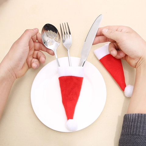 Mini Kerstmuts Bestekhouder Niet-Geweven Stof Bestektas Voor Tafel Decoratie Rood Wit Kerst Feestartikelen