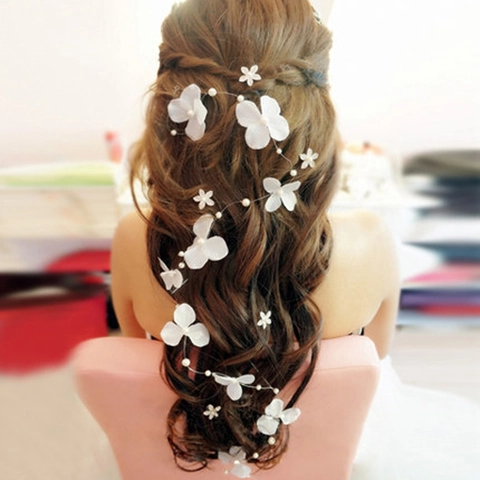 Enredadera De Pelo Para Novia Flor De Tela Hecha A Mano Imitación Perla Artificial Diadema De Boda Larga Accesorio Para Mujeres
