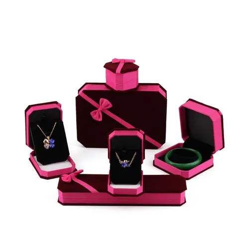 Octagonal Velvet Jewelry Box With Ribbon Bowknot For Ring Necklace Bracelet Pendant Display Gift Packaging Case