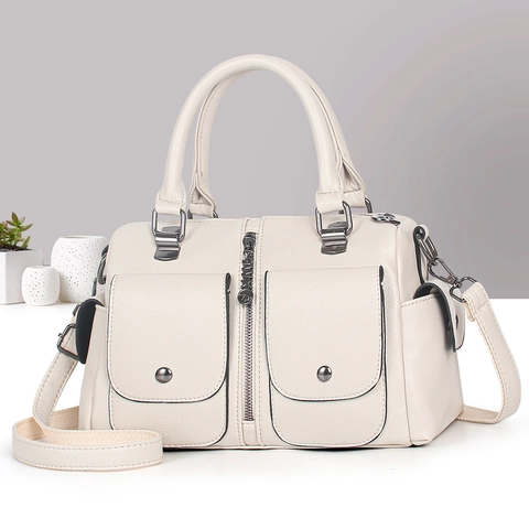 Women Boston Handbag PU Leather Lychee Pattern Multi-Pocket Crossbody Shoulder Bag Street Trend Stylish