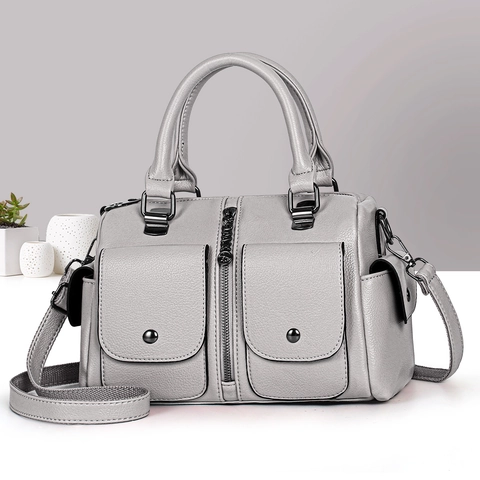 Women Boston Handbag PU Leather Lychee Pattern Multi-Pocket Crossbody Shoulder Bag Street Trend Stylish
