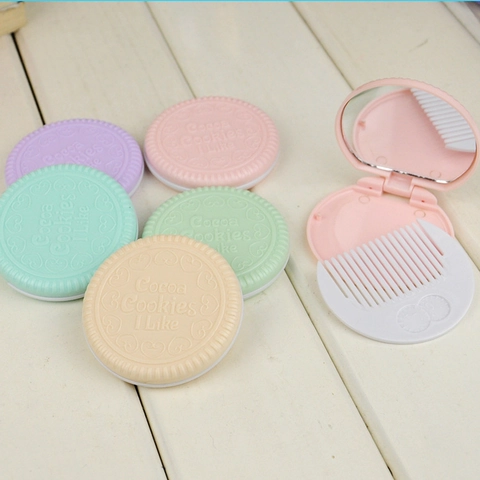 Cookie Shaped Makeup Mirror With Folding Comb Portable Travel Mini Pocket Cosmetic Tool Plastic Cute Girls