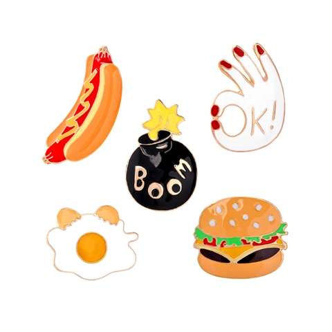 Cartoon Emaille Brosche Pin Essen Hamburger Hot Dog Ei OK Hand Bombe BOOM Reversnadel Für Rucksack Jacke Tasche Unisex Schmuck