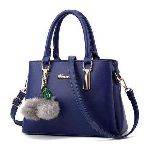 Women Fashion Handbag PU Leather Shoulder Crossbody Bag With Fur Ball Charm And Elegant Golden Hardware