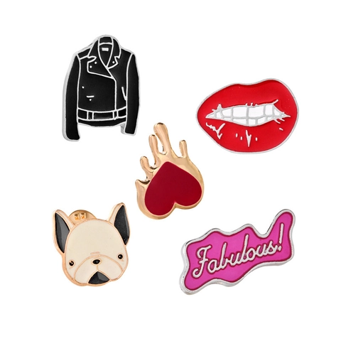 Lindos Broches De Esmalte Dibujos Animados Aleación Para Mochilas Ropa Insignias Bulldog Francés Corazón Chaqueta Labios Rojos