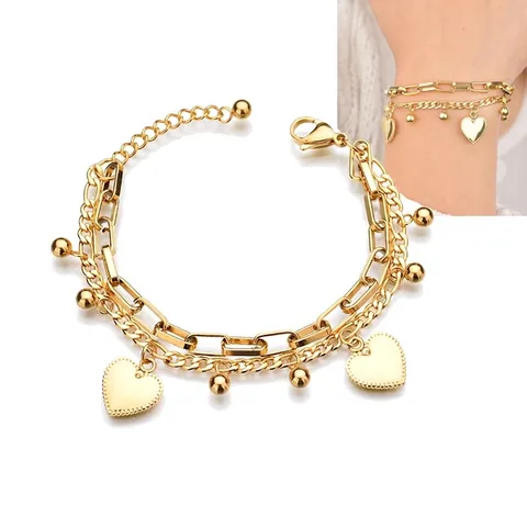 Double Layer Heart Pendant Bracelet Stainless Steel Metal Beads Adjustable Chain Fashion Jewelry For Women Girls