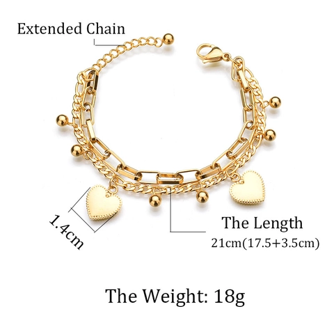 Pulsera Con Colgante De Corazón De Doble Capa Acero Inoxidable Cadena De Eslabones De Clip Dijes De Bola Joyería Mujer