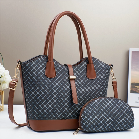Women Shoulder Bag Handbag Lattice Pattern PU Leather Fashionable Trendy Large Capacity With Small Pouch