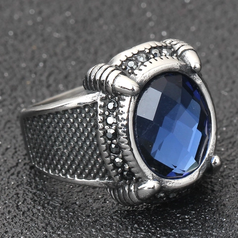 Vintage 304 Edelstahl Blau Strass Ring Retro Palast Stil Krallenfassung Facettierter Edelstein Punk Gothik Ring Herren Schmuck