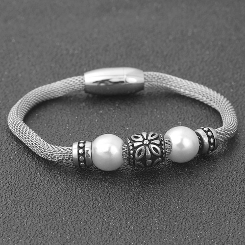 Retro Punk Stainless Steel Mesh Bracelet With Artificial Pearls And Floral Carved Beads Fashion Unisex Jewelry Accessory