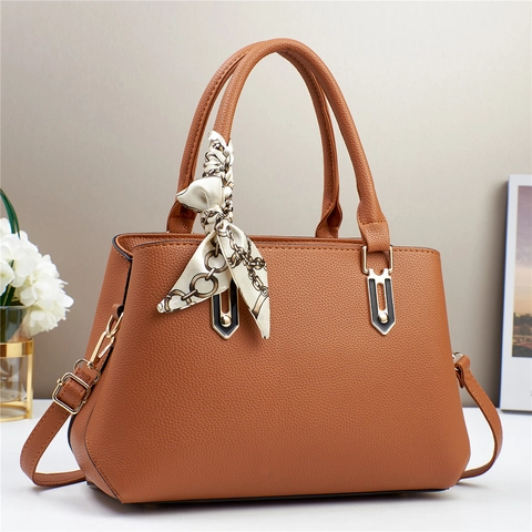 Women PU Leather Litchi Grain Handbag With Decorative Silk Scarf Adjustable Shoulder Strap Crossbody Bag Elegant Purse