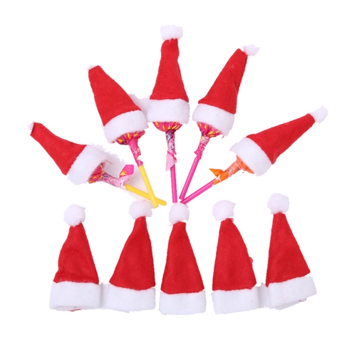 Mini Chapeaux De Père Noël En Tissu Non Tissé Décoration Sucette Pour Fête De Noël Petits Ornements Xmas Rouge Blanc Style Classique