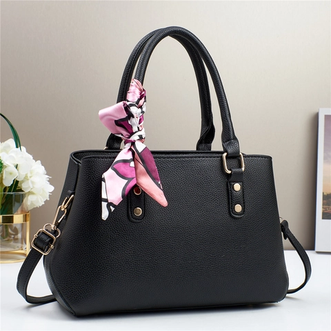 Women Handbag PU Leather Lychee Pattern Crossbody Shoulder Bag Top Handle With Decorative Scarf