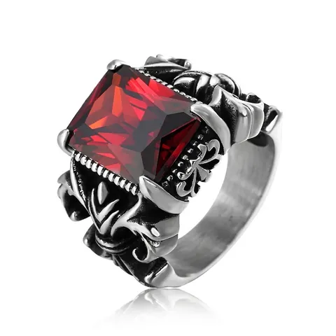 Men Ring Titanium Steel Gothic Retro Punk Cross Large Square Stone Engraved Fleur De Lis Baroque Jewelry