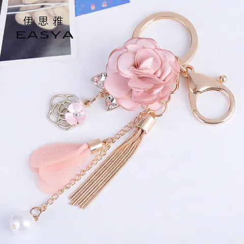 Portachiavi Fiore Rosa In Tessuto Nappa In Metallo Perla Artificial Sintetica Strass Ciondolo Borsa Elegante Stile Coreano