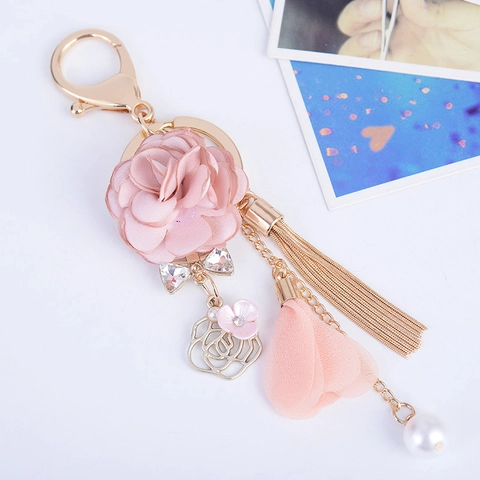 Portachiavi Fiore Rosa In Tessuto Nappa In Metallo Perla Artificial Sintetica Strass Ciondolo Borsa Elegante Stile Coreano
