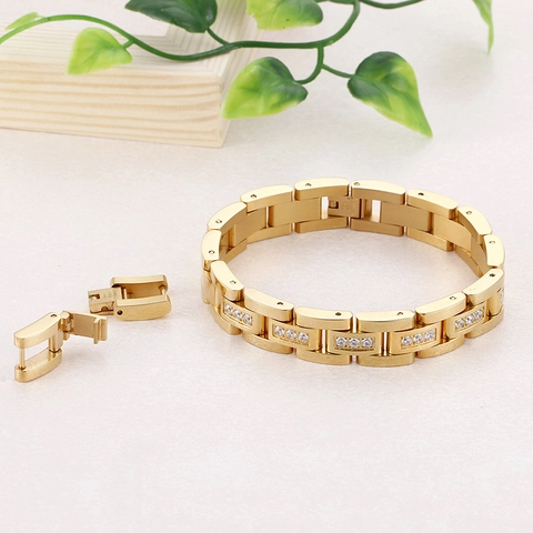 Hip Hop Watch Strap Chain Bracelet Stainless Steel 18K Gold Plated Inlaid Cubic Zirconia Adjustable Unisex Jewelry