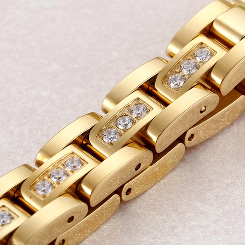 Pulsera De Eslabones Para Hombre Acero Inoxidable 316L Chapado En Oro De 18K Circonita Hip Hop Joyería Pulido Cepillado