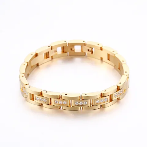 Pulsera De Eslabones Para Hombre Acero Inoxidable 316L Chapado En Oro De 18K Circonita Hip Hop Joyería Pulido Cepillado
