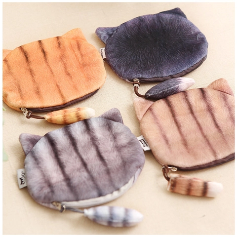 Porte-monnaie En Peluche Visage De Chat 3D Mignon Nouveauté Forme De Tête D'animal Petit Sac À Fermeture Éclair Avec Charme De Queue